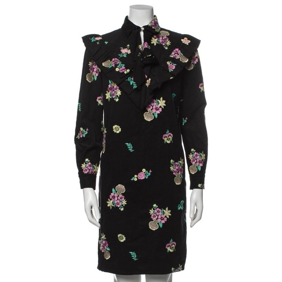 Batsheva Black Multicolor Floral Print Long Sleeve Short Day Cotton Dress - Picture 1 of 9
